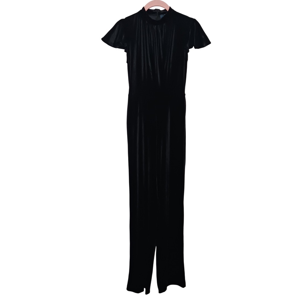 NEW Modcloth Shine with Me Black‎ Velvet Mock Neck Flutter Sleeve Jumpsuit XXS
